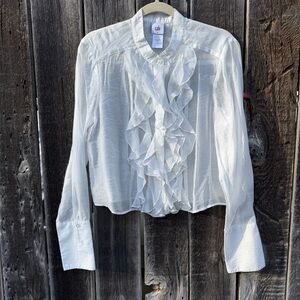 Cabi Victorian Ruttle Blouse White Sheer Button Down Romantic Cottagecore Top M